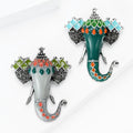 Enamel Elephant Head Brooch Green Gray Antique Silver Pin view 3