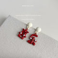 White Ball Stud Red Enamel Character Charm Drop Earrings view 7
