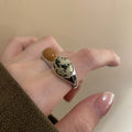 Silver Tone Speckled Cream Oval Stone Open Statement Ring view 3