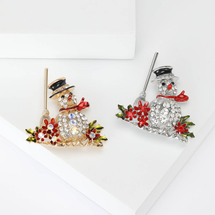 Rhinestone Snowman Brooch Broom Holly Red Scarf Pin