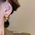 Brown Enamel Flower and Pearl Look Stud Earrings with Metal Tone Details view 4