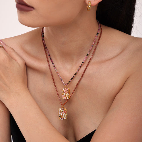 Layered mixed pink and red stone floral pendant necklaces