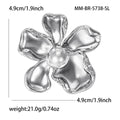 Sculpted Flower Brooch in Metal with Smooth Curled Metal Petals Around a White Pearl view 6