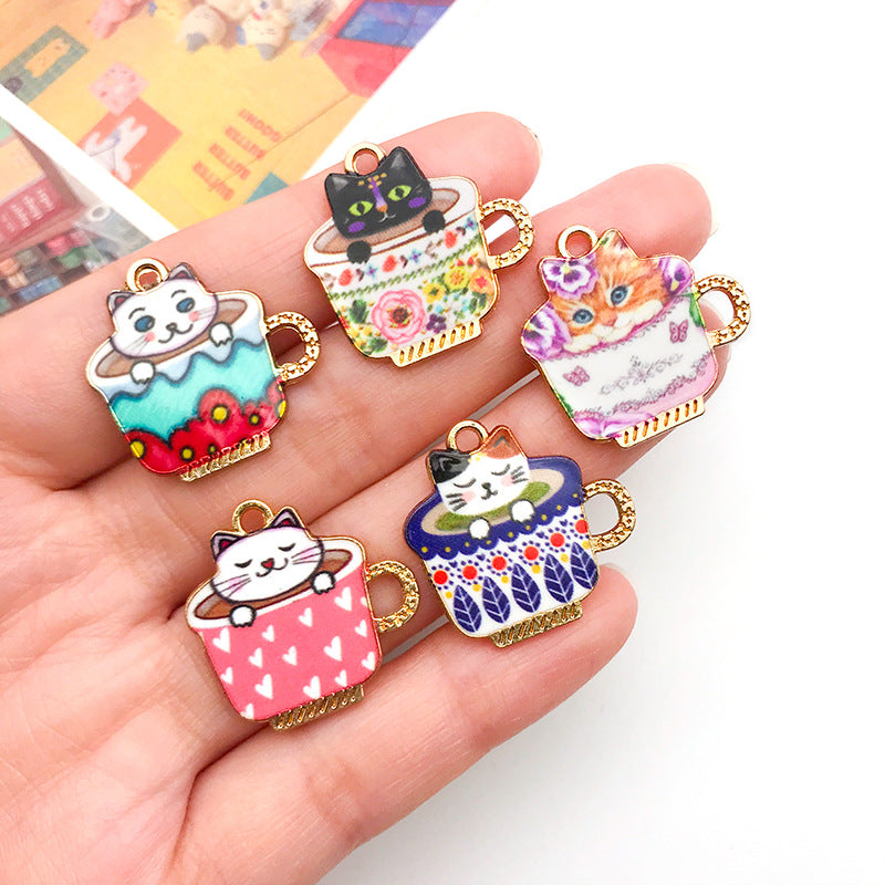 Enamel Zinc Alloy Cup Cat Charm Pendant for DIY Earrings Necklace Jewelry Accessories
