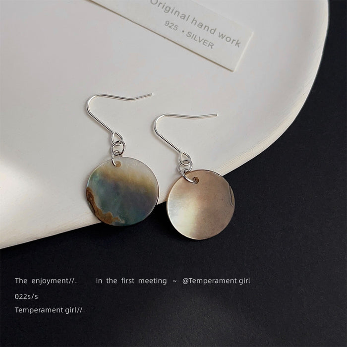 Silver Tone Iridescent Round Shell Disc Hook Earrings For Women