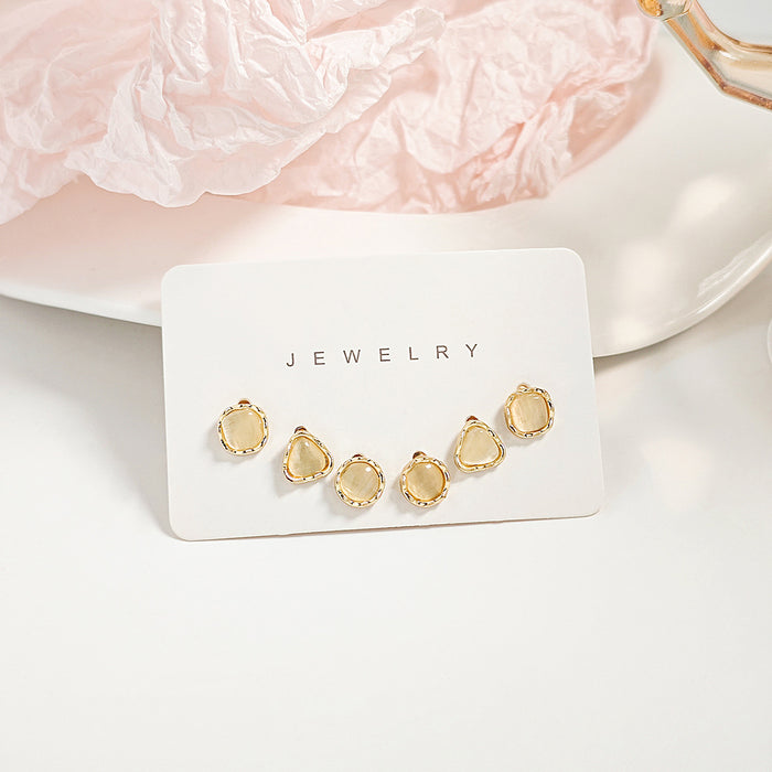 Champagne Cat Eye Stud Earring Set Square Triangle Round