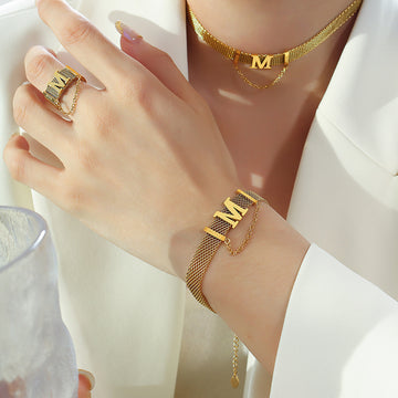 Letter M Mesh Choker Bracelet Gold Pearl Drop Style