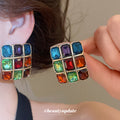 Statement Drop Earrings with Black Floral or Multicolor Grid Designs view 4