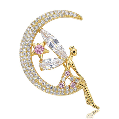 Gold fairy on crescent moon brooch pink stones front view