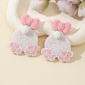 Pink Bow Stud White Seed Bead Rabbit Paw Drop Earrings view 2