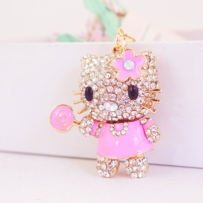 Rhinestone Lollipop Cat Keychain Zinc Alloy Kitty Bag Charm Gift