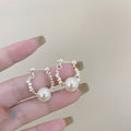 Silver Tone Cube and White Pearl Open Hoop Stud Earrings view 2