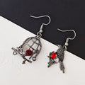 Asymmetrical Raven and Rose Birdcage Drop Earrings in Blackened Metal view 2