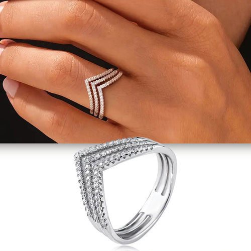Second product view showing silver-tone triple chevron pave ring
