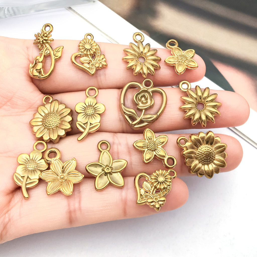 Stainless Steel Gold Sunflower Cherry Blossom Flower Charm Pendant for DIY Earrings Necklace