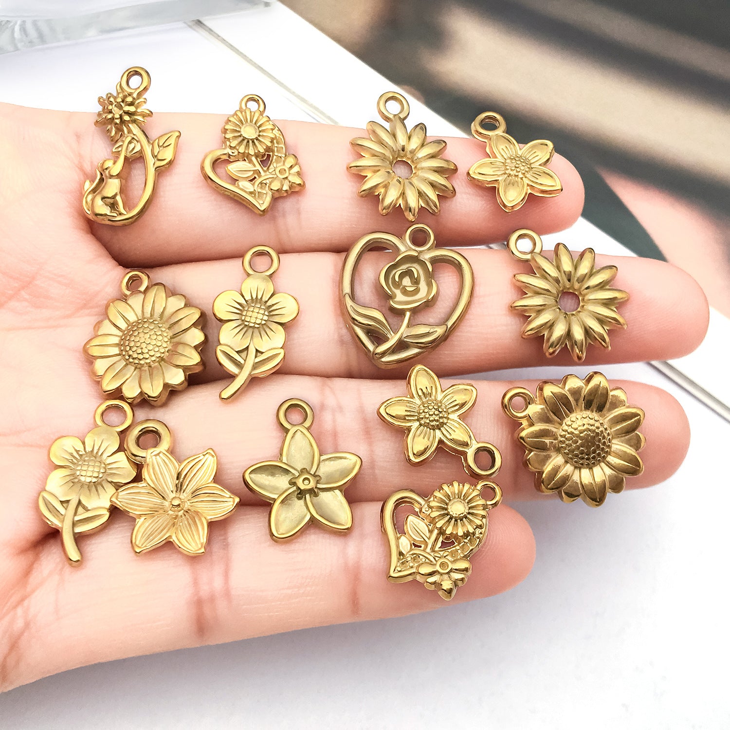 Stainless Steel Gold Sunflower Cherry Blossom Flower Charm Pendant for DIY Earrings Necklace