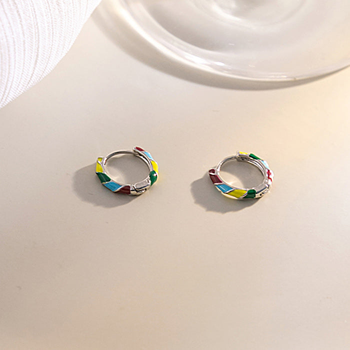 Silver Multicolor Enamel Segment Huggie Hoop Earrings
