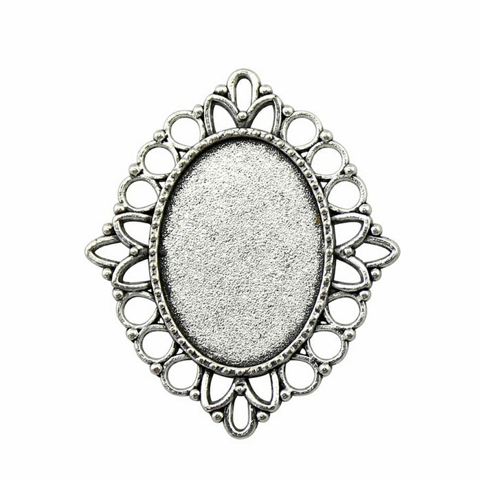 Silver Tone Openwork Oval Cabochon Pendant Tray Setting
