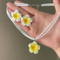 White Yellow Plumeria Cord Necklace Earring Two-Piece Set view 2