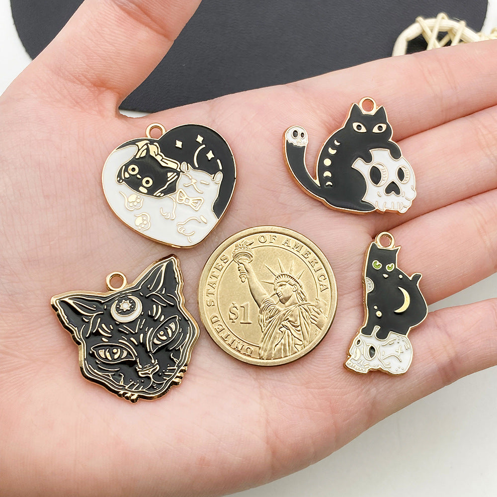 Enamel Zinc Alloy Black Cat Skull Halloween Charm Pendant for DIY Earrings Necklace