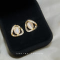 Gold Triangle Frame Cats Eye Glass CZ Stud Clip Earrings view 1