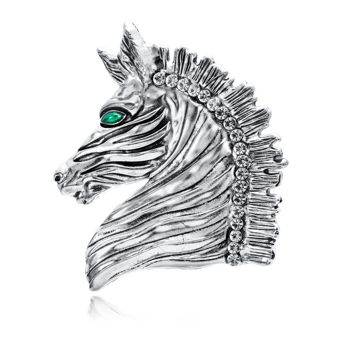 Silver Tone Horse Head Crystal Metal Brooch Pin for Jackets and Lapels