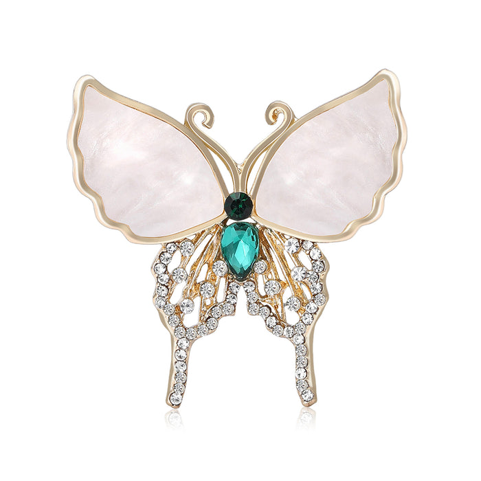 Gold Tone Butterfly Brooch With Shell Wings And Green Crystal