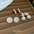 Gold Tone Pink Flower and Pearl Stud Earrings in Two Styles view 4