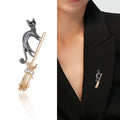 Slender Cat Riding Broom Brooch in Silver or Gold Tone view 2