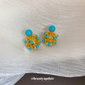 Blue Beaded Gold Tone Floral Cluster Stud Earrings view 2