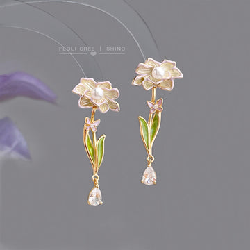 Gold Tone White Flower Green Stem Clear Teardrop Stud Earrings