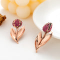 Rose Gold Pink Crystal Pave Tulip Leaf Stud Earrings view 4