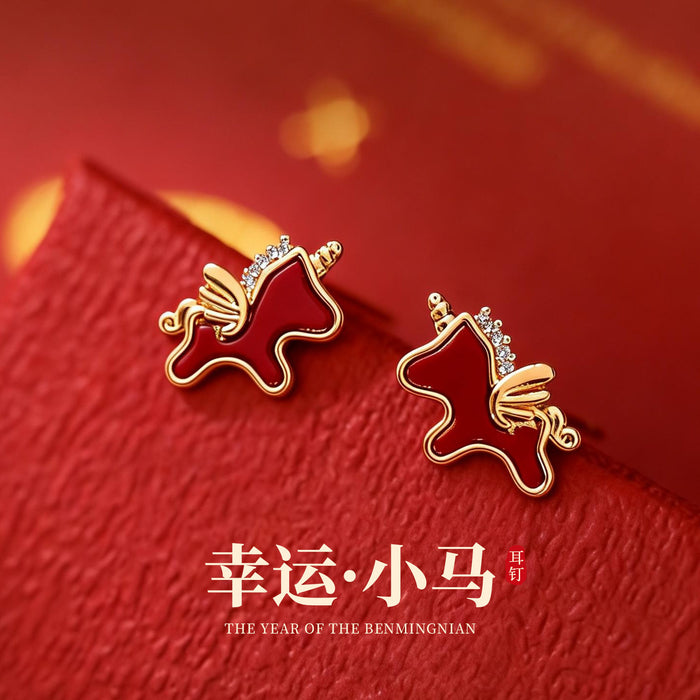 Gold Tone Red Enamel Horse Stud Earrings Fashion Jewelry