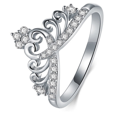 Silver heart crown openwork clear CZ ring side angle studio shot