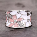 Pink And White Enamel Floral Wide Ring In Silver Tone view 6