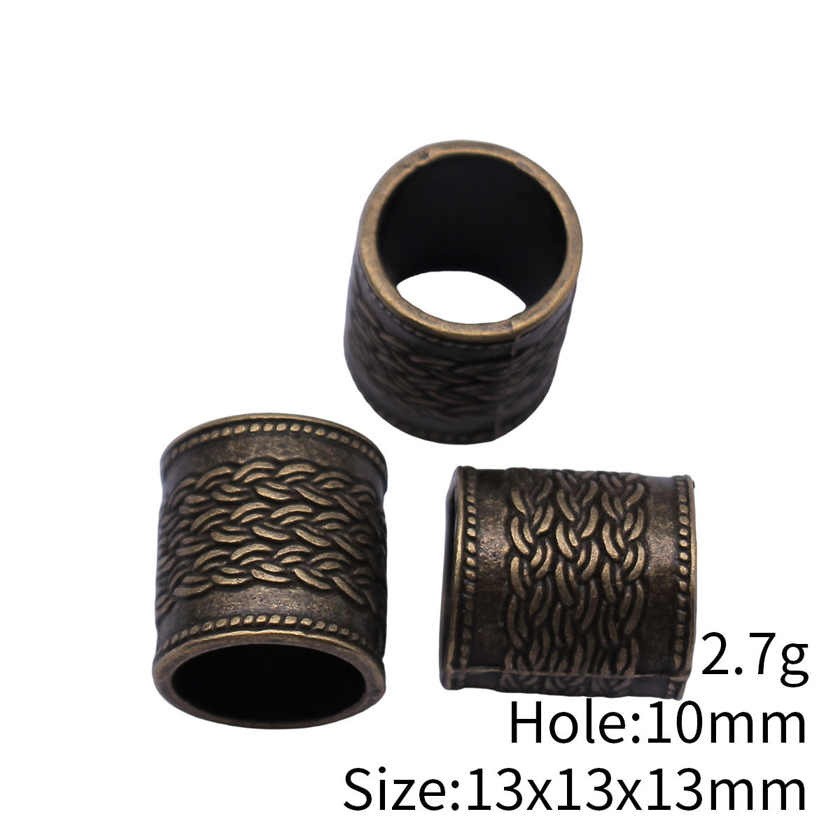 13x13x13mm 2.7g Antique Bronze Zinc Alloy Braided Texture Barrel Tube Beads for Dreadlock Jewelry Making