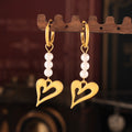 Heart Pendant Hoop Earrings with Pearl Beads Gold and Steel view 2