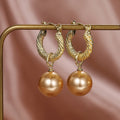 Gold Twisted Rope Hoop Earrings Champagne Pearl Drops view 4