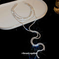 Silver Multi Layer Rhinestone Choker Long Drop Tassel view 2
