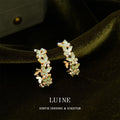 Gold Tone Pale Green White Leaf Half Hoop Stud Earrings view 1