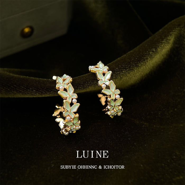 Gold Tone Pale Green White Leaf Half Hoop Stud Earrings