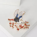 Crane and Blossom Brooch in Metal with Blue-winged Crane Perched on Red Flowering Branches view 4