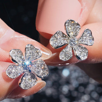 White Gold Five Petal Pave Clear Stone Flower Stud Earrings