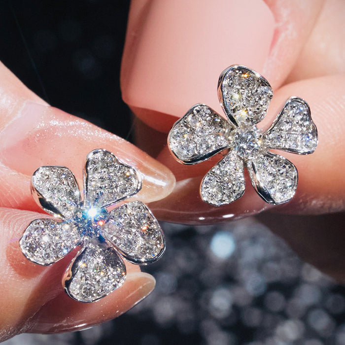White Gold Five Petal Pave Clear Stone Flower Stud Earrings