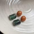 Orange Round Stud Dark Green Marbled Square Drop Earrings view 1