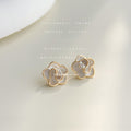 White Camellia Flower Stud Earrings Gold Rim Clear Center view 6