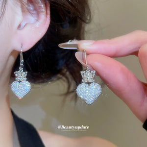 Silver Tone Crystal Heart Drop Huggie Earrings With Crown Detail