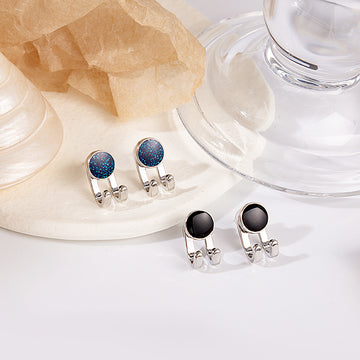 Silver Round Front Back Stud Earrings Black Navy Glitter