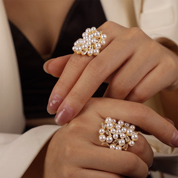 Gold Open Ring White Pearl Cluster Pear Clear Stone Accents