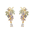 Gold Tone Purple Flower Green Leaf Clear Teardrop Stud Earrings view 5